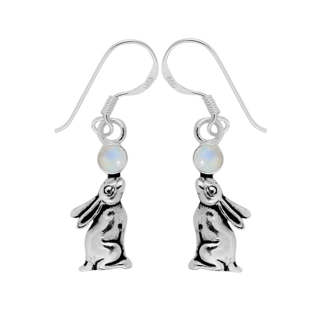 Silver Plated Rainbow Moonstone Hare Earrings