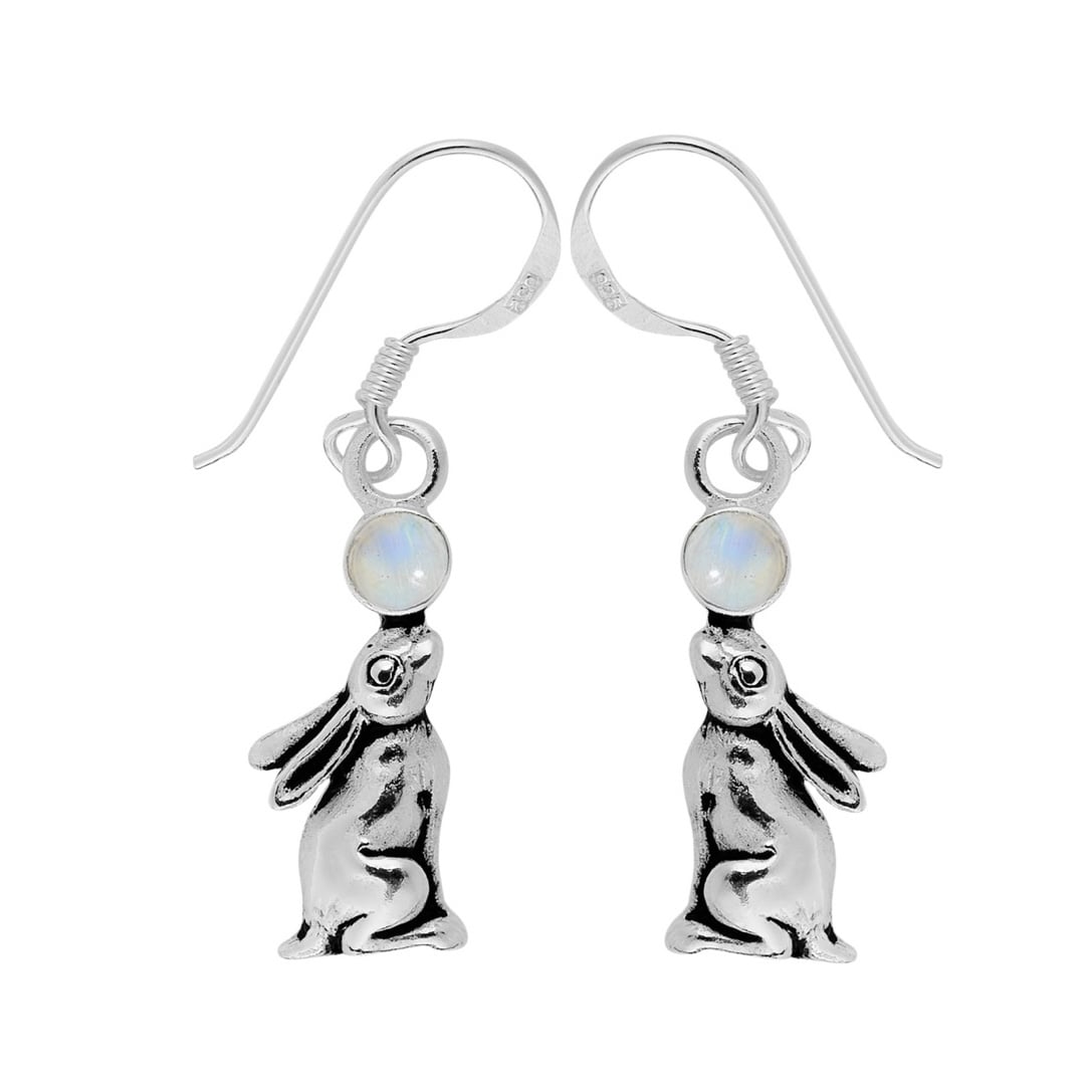 Silver Plated Rainbow Moonstone Hare Earrings