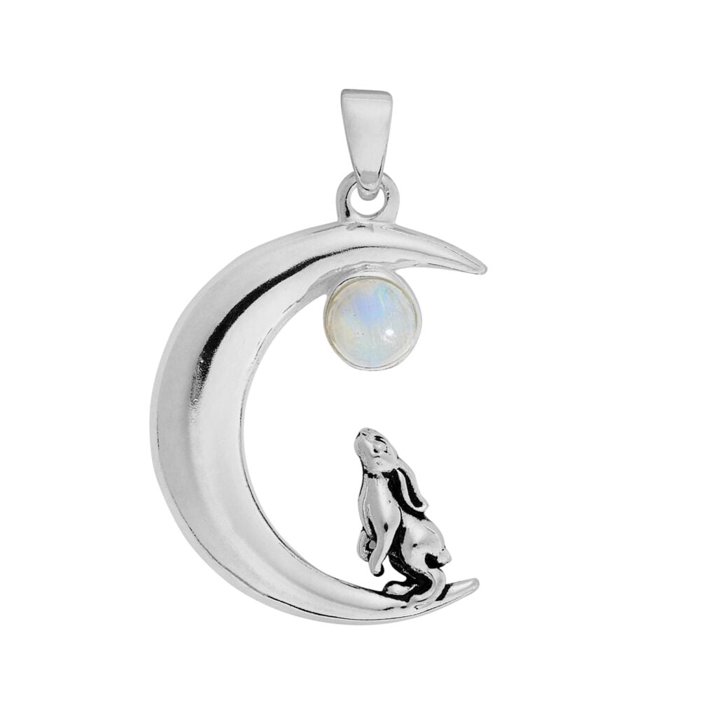 Silver Plated Hare in Moon Pendant