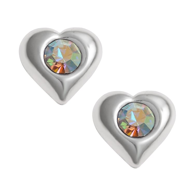Silver Plated AB CZ Puff Heart Stud Earrings