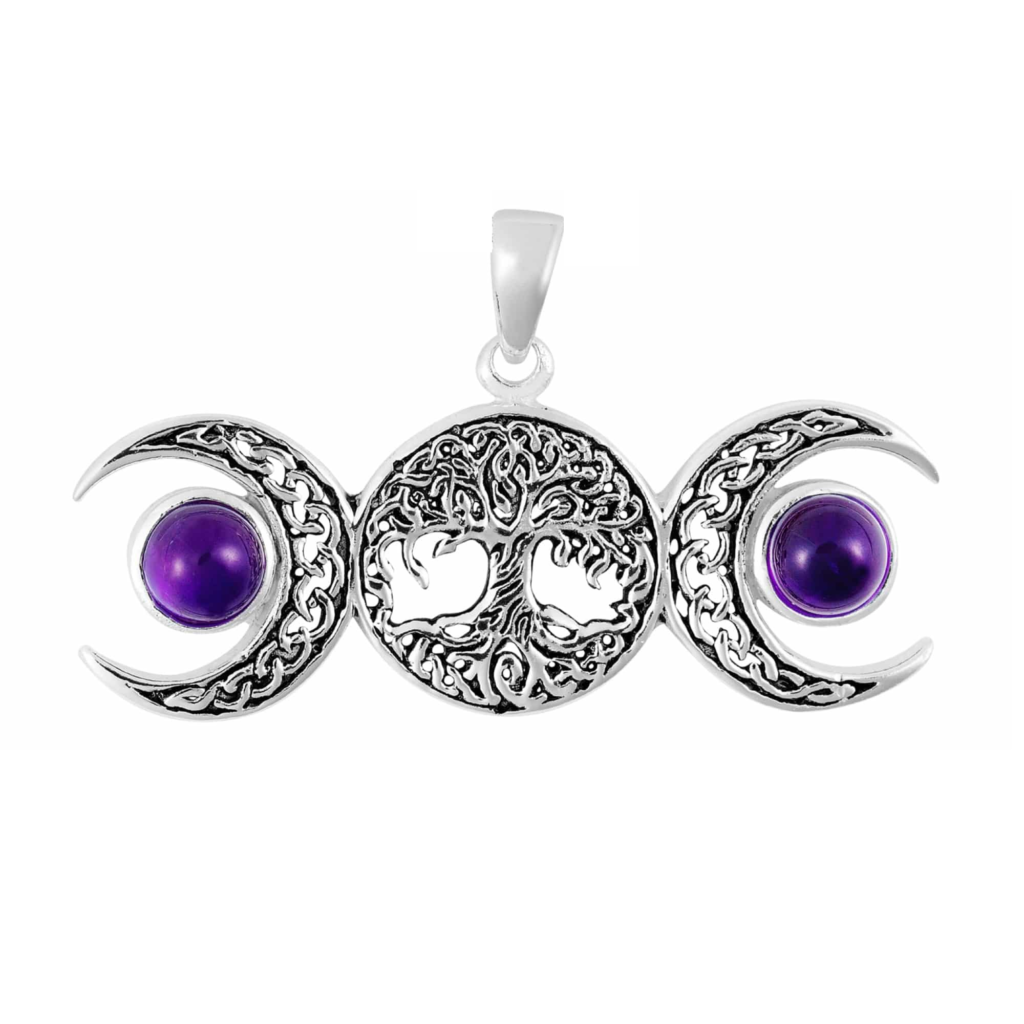 Silver Plated Amethyst Goddess Tree of Life Triple Moon Pendant – Anti-Tarnish