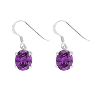Silver Plated Amethyst CZ Oval Drop Earrings