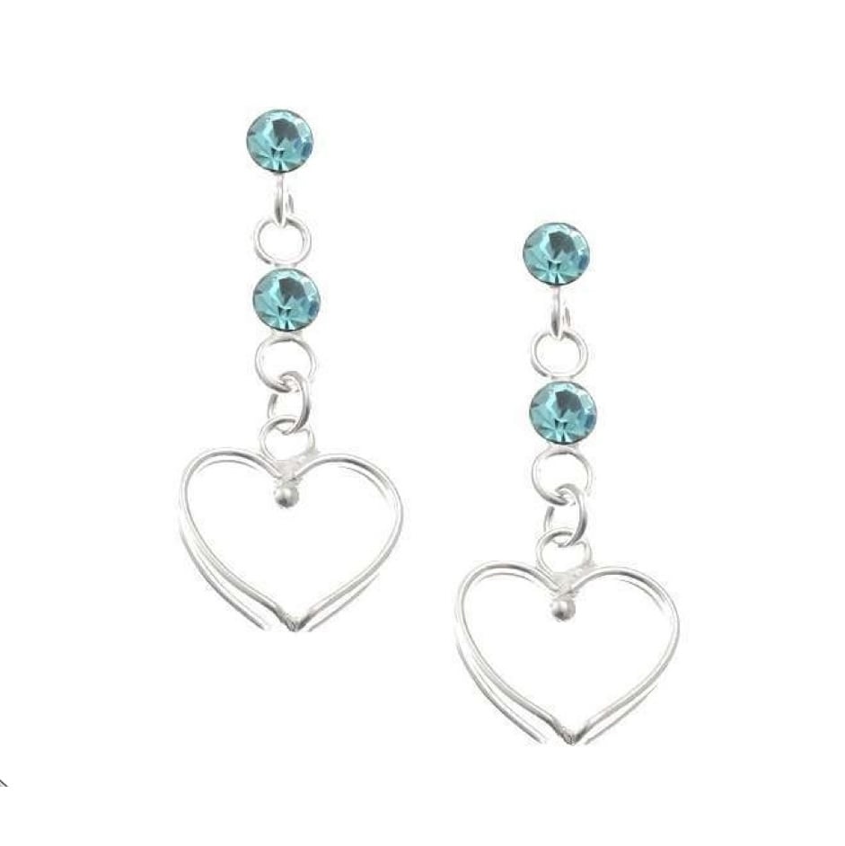 Silver Plated Aqua CZ Crystal Heart Drop Stud Earrings