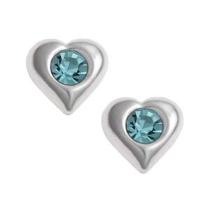 Silver Plated Aqua CZ Puff Heart Stud Earrings