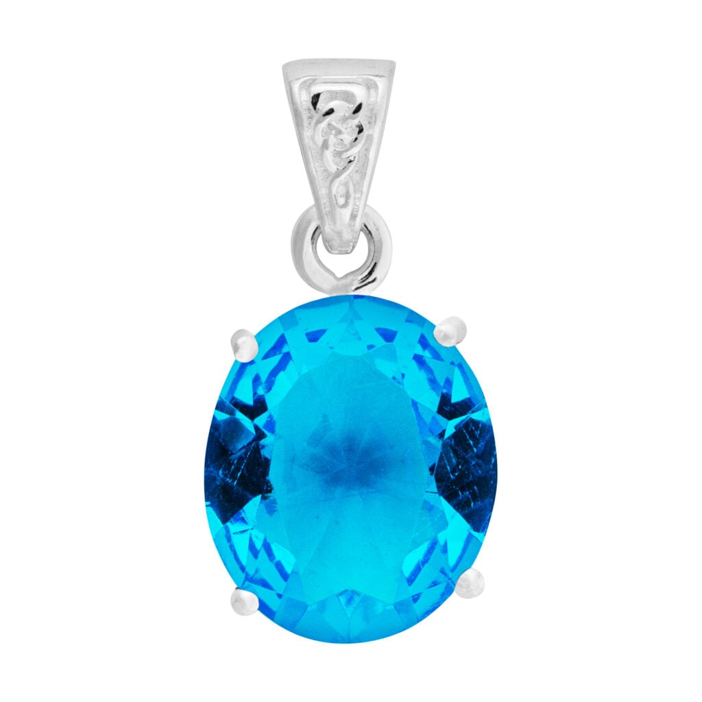 Silver Plated Aqua CZ Oval Pendant