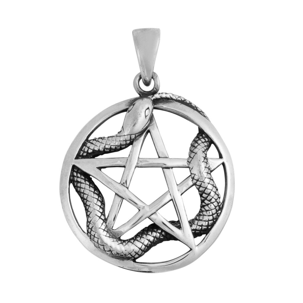 striking silver plated Entwined Snake Pentagram pendant features a detailed serpent twisting around and through an open Pentagram