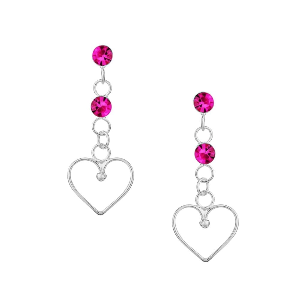 Silver Plated Fuchsia CZ Crystal Heart Drop Stud Earrings