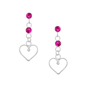 Silver Plated Fuchsia CZ Crystal Heart Drop Stud Earrings