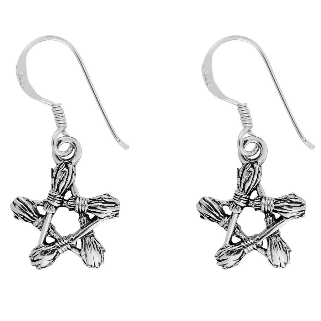 Silver Plated Besom Broom Pentagram Drop Earrings