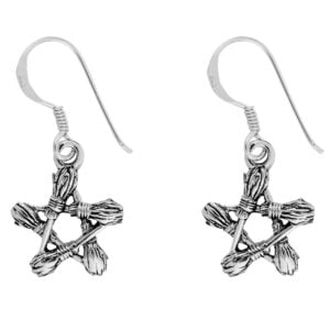 Silver Plated Besom Broom Pentagram Drop Earrings