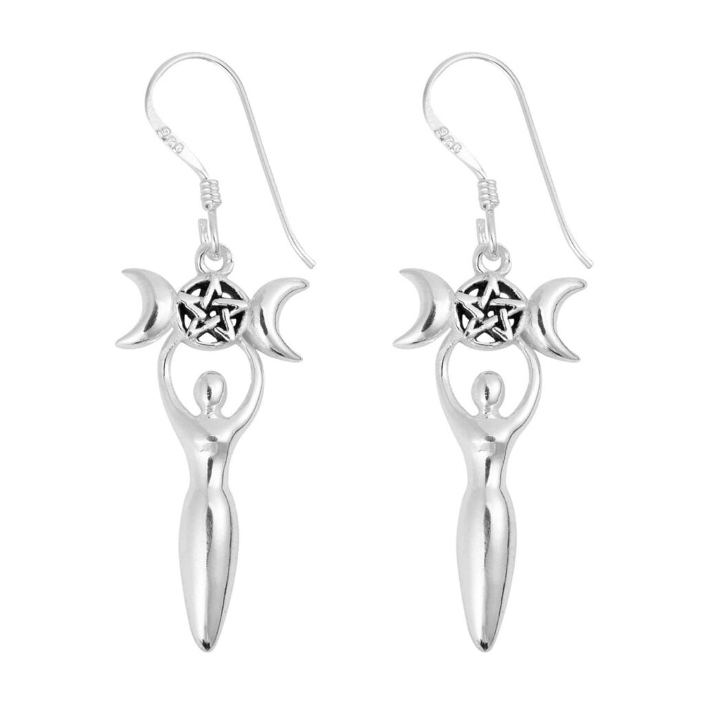 Silver Plated Triple Moon Goddess Pentagram Earrings