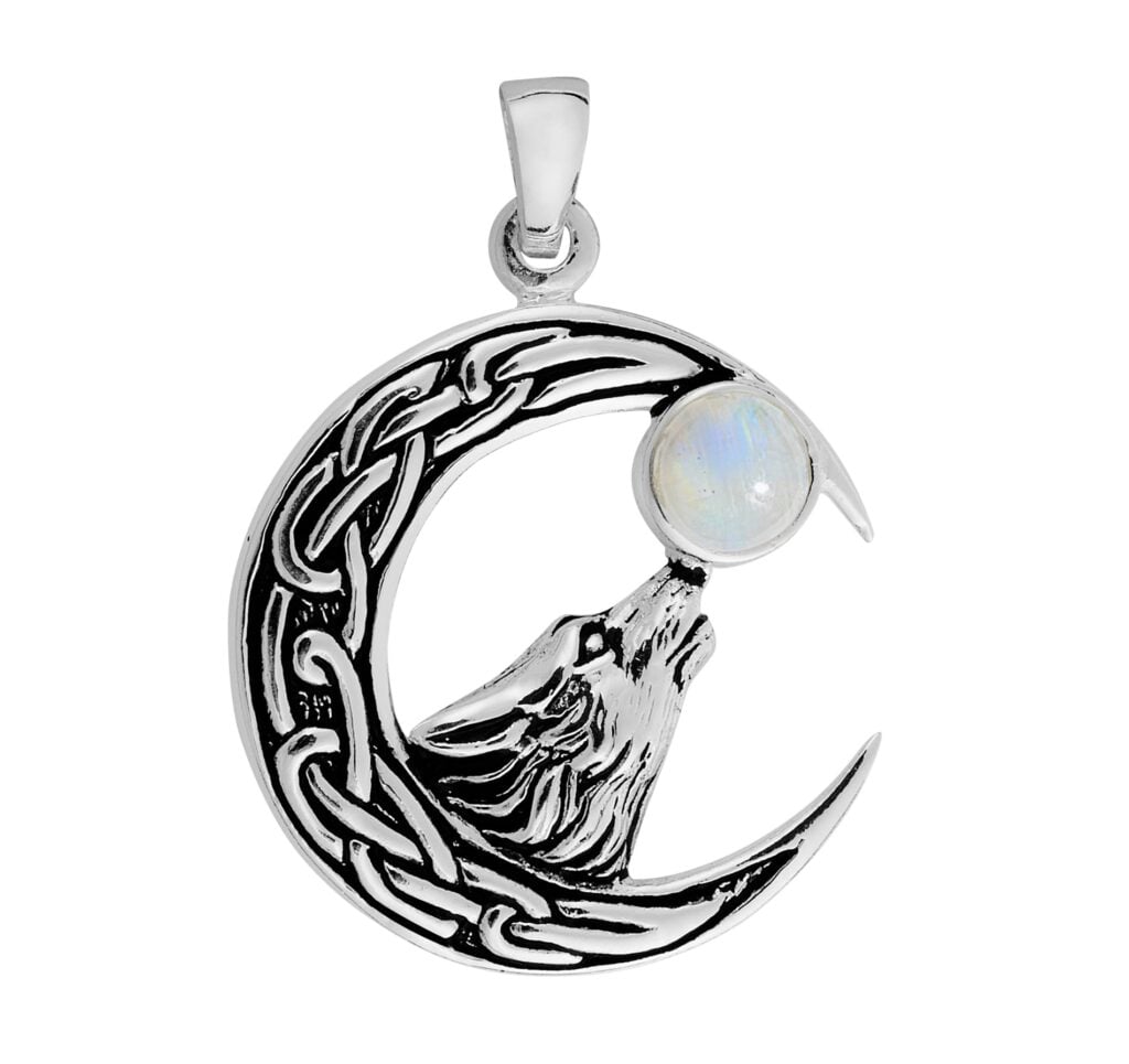 Silver plated Celtic crescent moon pendant with detailed moon-gazing wolf and round Rainbow Moonstone cabochon set as the full moon