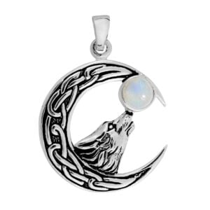 Silver plated Celtic crescent moon pendant with detailed moon-gazing wolf and round Rainbow Moonstone cabochon set as the full moon