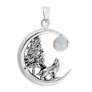 Silver plated Forest Wolf pendant with howling wolf, detailed tree, crescent moon and Rainbow Moonstone cabochon. Anti-tarnish finish.