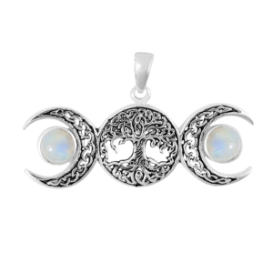 Silver Plated Rainbow Moonstone Goddess Tree of Life Triple Moon Pendant – Anti-Tarnish