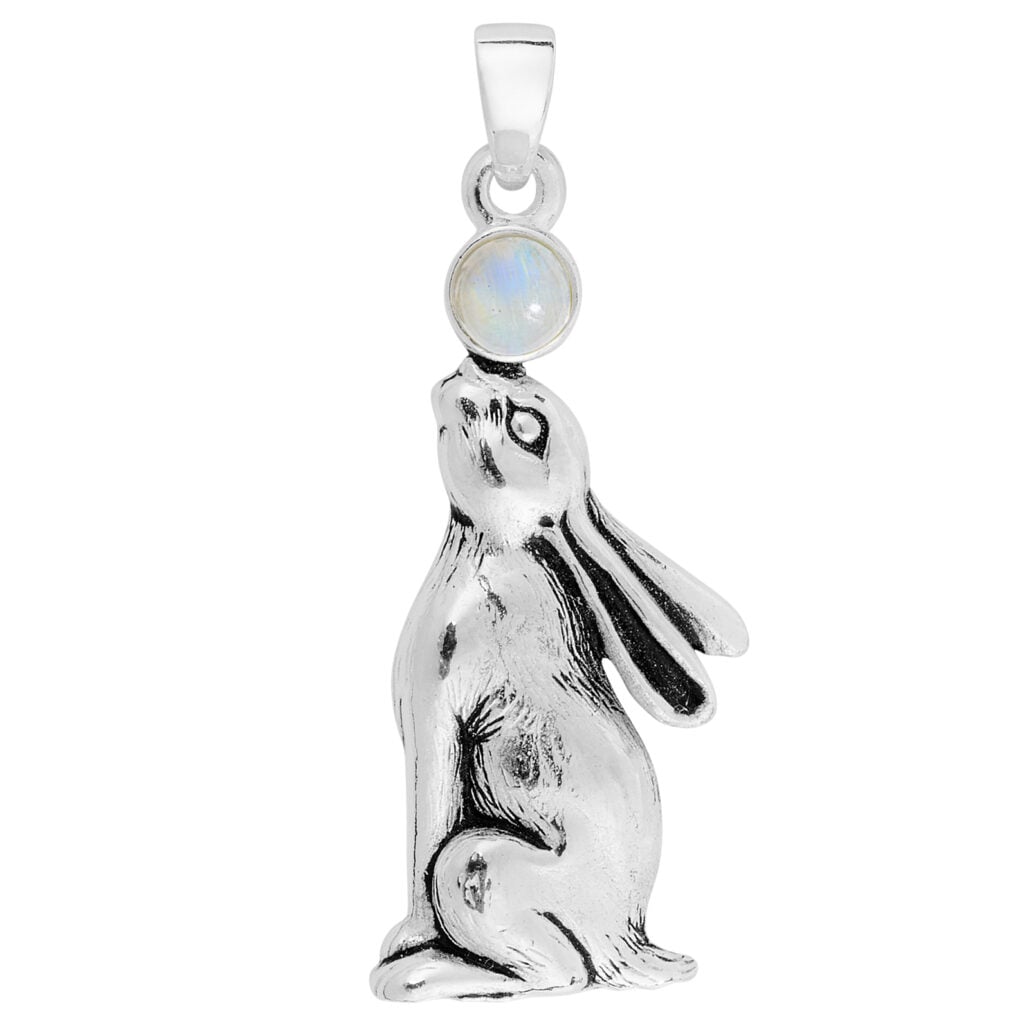Silver Plated Rainbow Moonstone Moon Gazing Hare Pendant