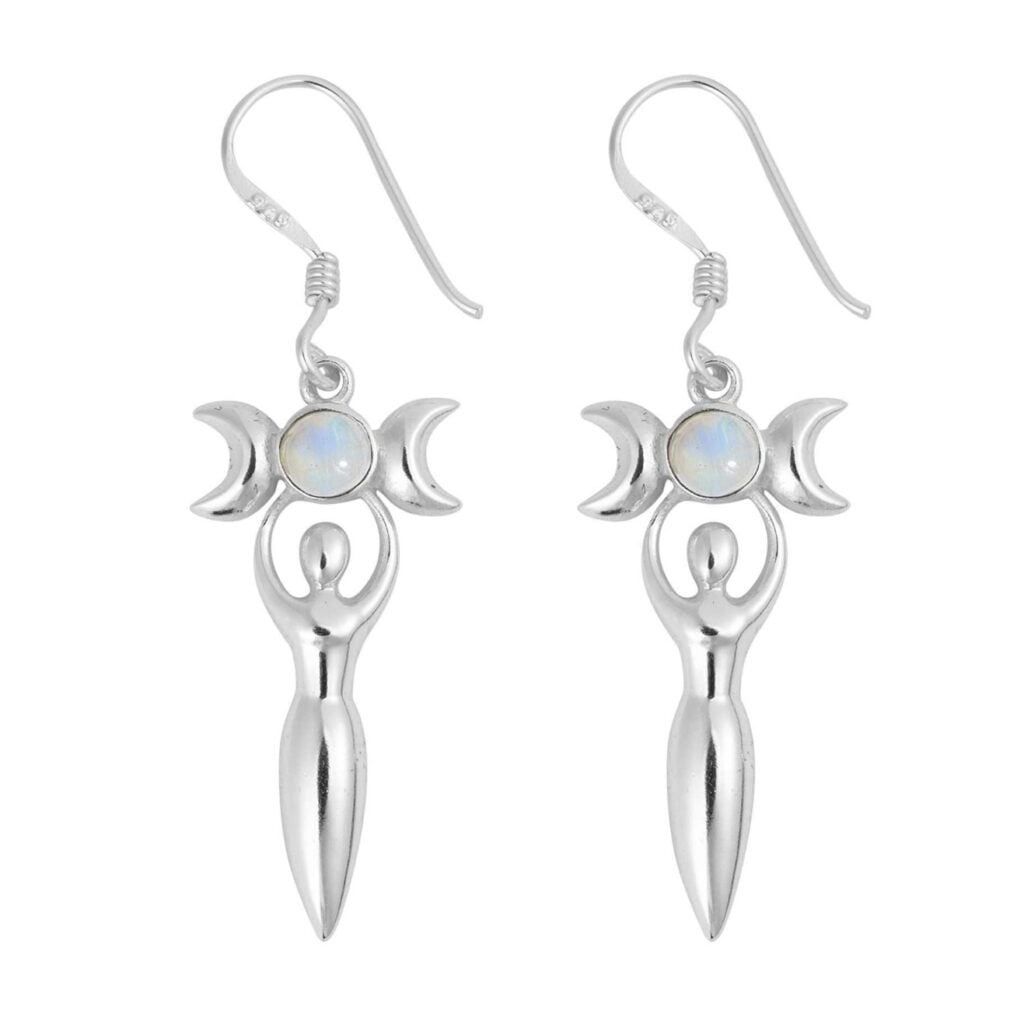 Silver Plated Rainbow Moonstone Triple Moon Goddess Drop Earrings – Anti-Tarnish