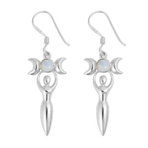 Silver Plated Rainbow Moonstone Triple Moon Goddess Drop Earrings – Anti-Tarnish
