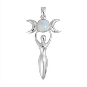 Silver Plated Rainbow Moonstone Triple Moon Goddess Pendant – Anti-Tarnish