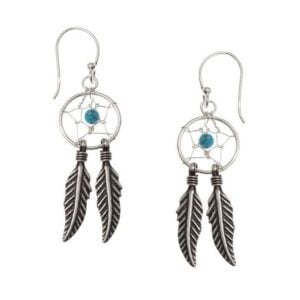 Silver plated traditional Dreamcatcher earrings with 3mm reconstituted Turquoise beads, open web design and two detailed feather drops