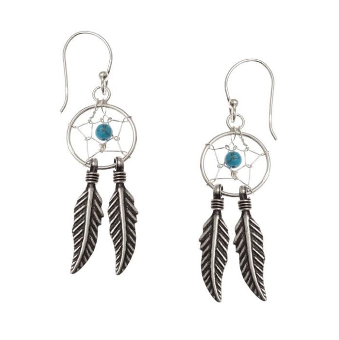 Silver plated traditional Dreamcatcher earrings with 3mm reconstituted Turquoise beads, open web design and two detailed feather drops