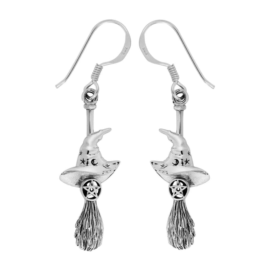 Silver Plated Witch Hat Besom Broom Pentagram Earrings – Anti-Tarnish