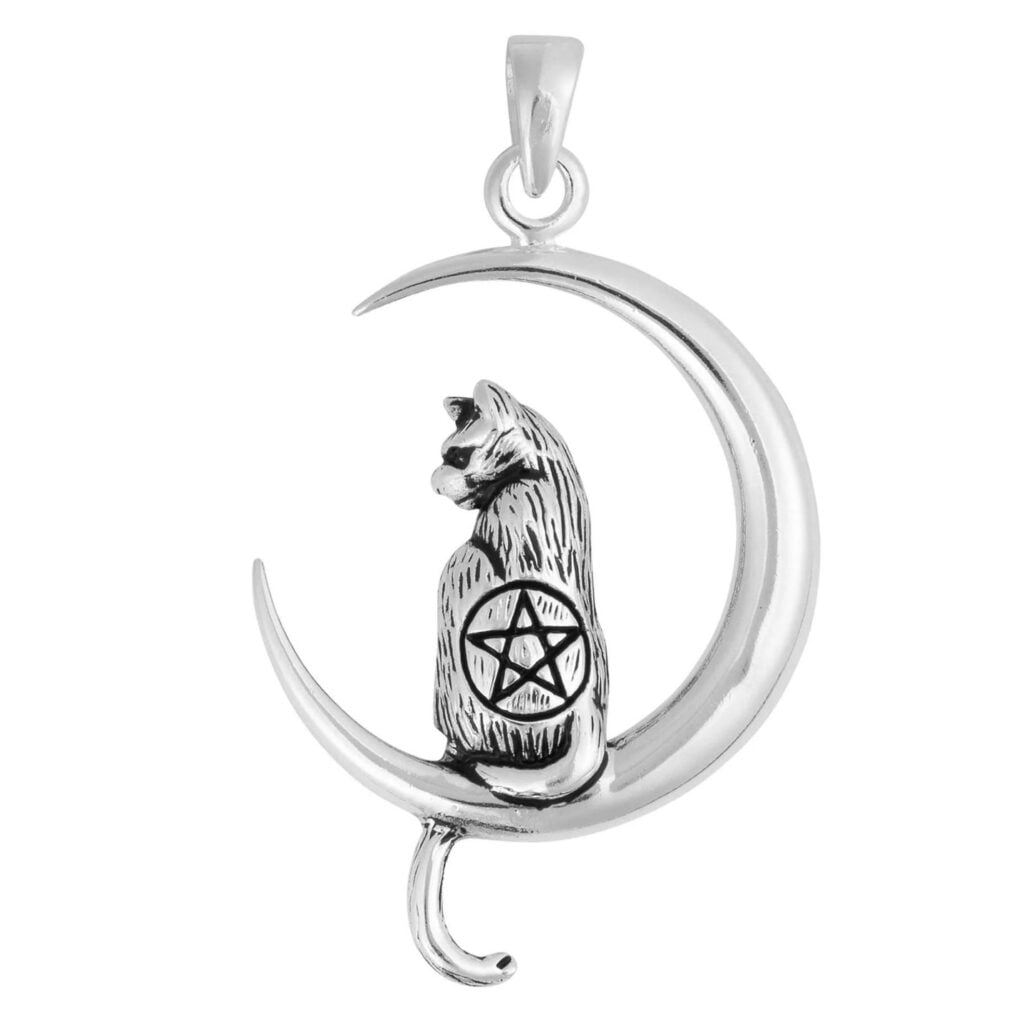Silver Plated Witch’s Cat on Moon Pentagram Pendant – Anti-Tarnish