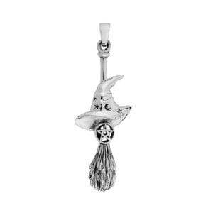 Silver Plated Witch Hat Besom Broom Pentagram Pendant – Anti-Tarnish